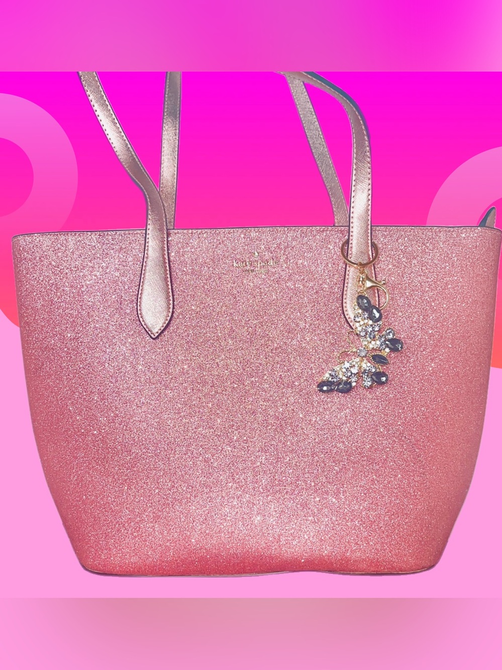 Kate Spade Large Pink Glitter Glimmer Tote w. Purple Butterfly w/COA - Picture 1 of 4